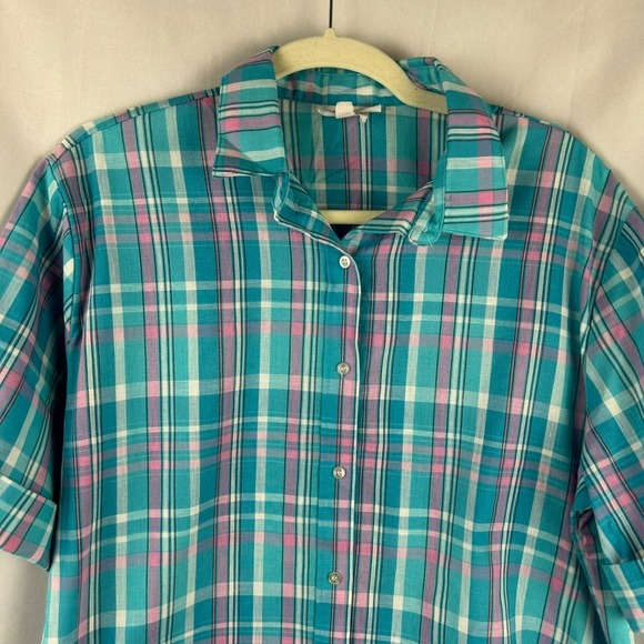 Vintage 90s High Style Plaid Shirt Women XL Blue Pink Button Front Grandma Retro - Picture 3 of 8